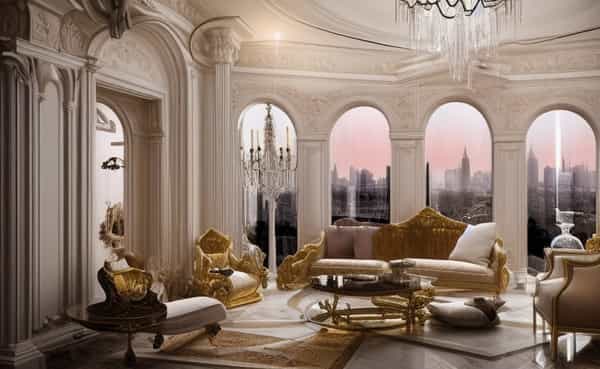 Grandiose, detailed, and luxurious with rich textures and deep colors that emphasize opulence.