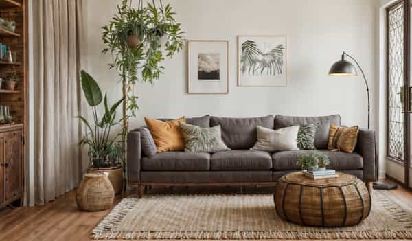 Eclectic and expressive with a mix of natural elements, vibrant colors, and layered textures.