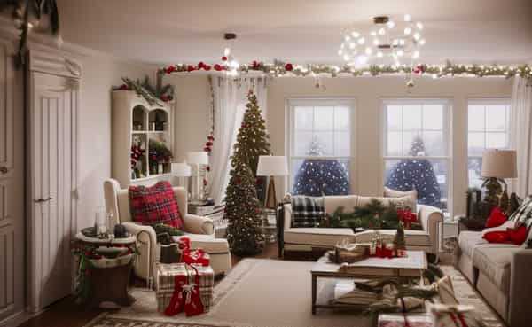 Festive and cozy, adorned with holiday decor, warm lights, and a welcoming atmosphere.
