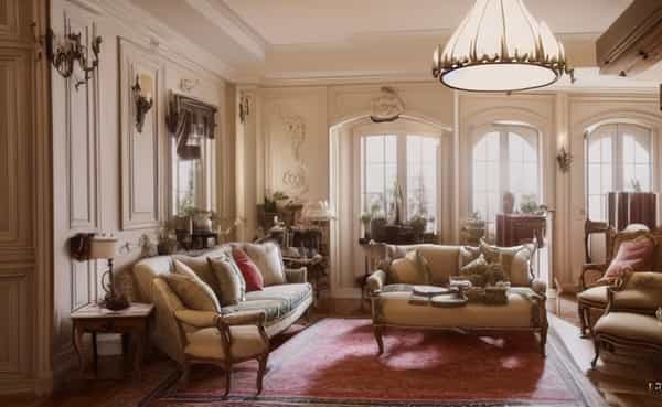 Charming and rustic, featuring floral patterns, soft colors, and antique wood furnishings.