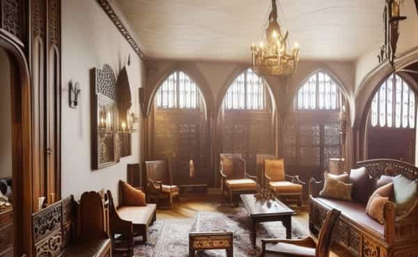 Robust and historical, featuring stone, wood, and heavy metalwork with an old-world fortress aesthetic.