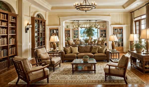 Sunny and earthy, with vibrant colors, arches, and tiles reflecting Southern European or North African styles.