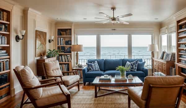 Maritime-inspired with blue and white hues, marine motifs, and a fresh, breezy vibe.