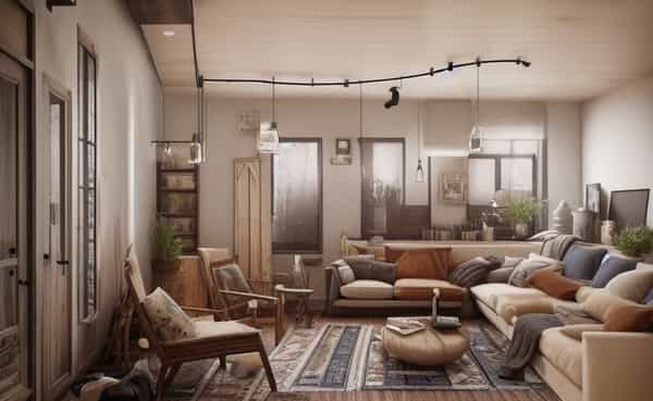 Natural, rough, and comforting with a focus on raw and unfinished elements like wood and stone.