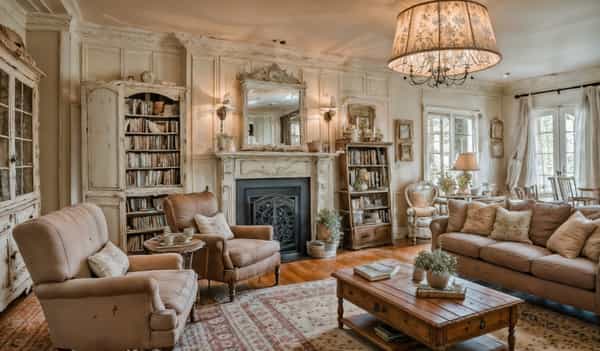 Vintage-inspired with distressed furniture, soft color palettes, and a touch of romanticism.