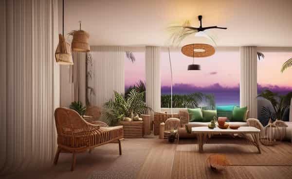 Lush, vibrant, and exotic, evoking the feel of a tropical paradise with bold patterns and lush plants.