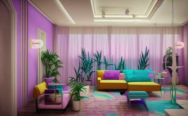 Retro 80s nostalgia with a digital-age twist, featuring bright colors, pixel art, and surreal aesthetics.